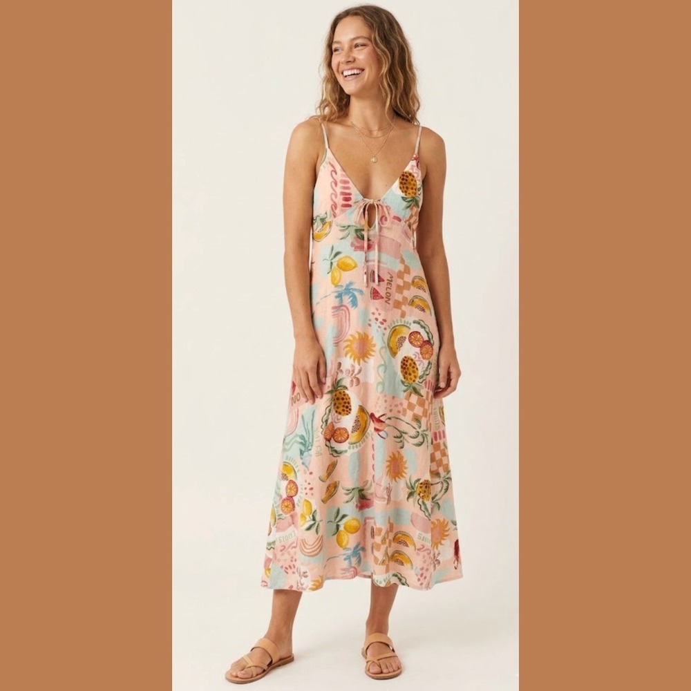 Paper Heart Womens Large Midi Dress Pink Fruit Print Linen Blend Summer Sundress